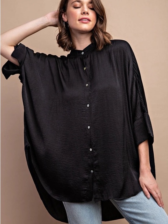 Gigio Tops - Plus Size Washed Satin Button Down Loose Fit Shirt Top Tunic Black L XL 1X New